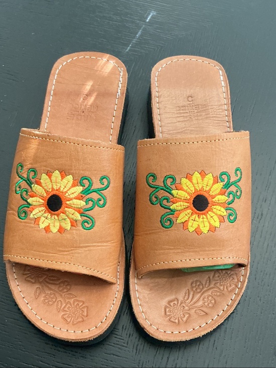 Shoes - Hand-Embroidered Sunflower Leather Slide Sandals - Mexican sandals